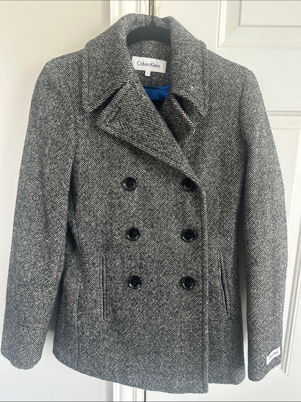 Calvin Klein Black and White Herringbone Double-Breasted Pea Coat